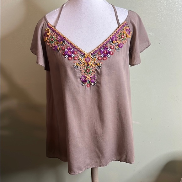Blank London Tops - anthropologie blank london taupe tie neck beaded neckline flutter sleeve top